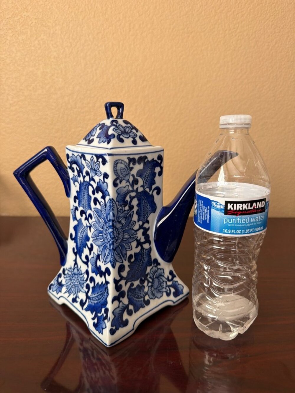 Vintage Blue White Ceramic Teapot Chinoiserie Floral Square Decor 9.5" - Picture 10 of 12
